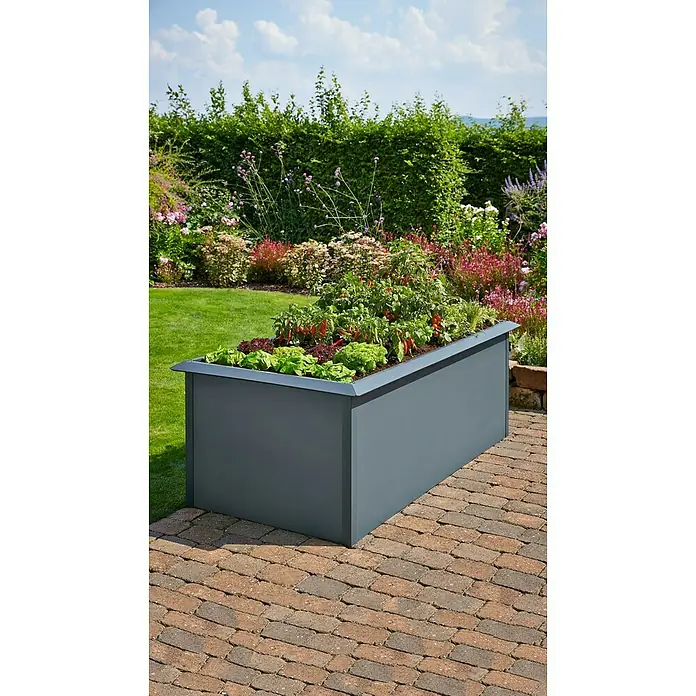 Gardol Huerto urbano - 200 x 100 x 76 cm, Acero, Antracita - Jardín elevado gris con lechuga y chile, ideal para patios o jardines. Una solución práctica para cultivar verduras y hierbas aromáticas.