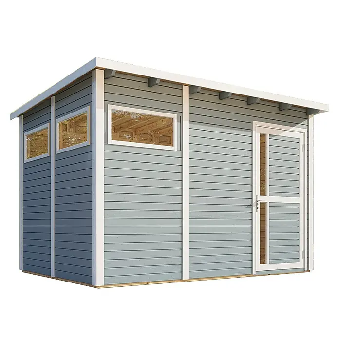 Bertilo Gerätehaus Pentus 3 - Außenmaß inkl. Dachüberstand (B x T): 359 x 265 cm, Holz, Hellgrau - Ein graues Gartenhaus mit weißen Akzenten, Fenstern und einer Tür, ideal für die Aufbewahrung von Gartengeräten oder als Werkstatt.