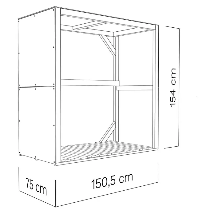 Bertilo Kaminholzregal HPL Fire 2 - 151 x 76 x 154 cm, Holz, Anthrazit/Hellgrau - Abbildung eines Holzschuppens mit den Maßen 150,5 cm Länge, 75 cm Tiefe und 154 cm Höhe, der sich ideal für den Außenbereich eignet.