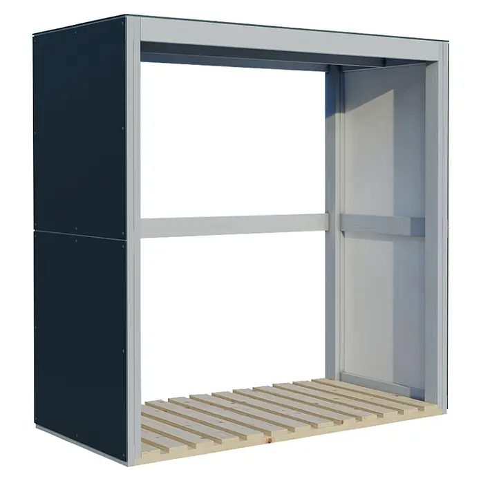Bertilo Kaminholzregal HPL Fire 2 - 151 x 76 x 154 cm, Holz, Anthrazit/Weiß - Ansicht einer Holzlege mit dunklen Seitenwänden und einem hellen Holzrahmen, ideal zur Lagerung von Brennholz und zur stilvollen Aufbewahrung.