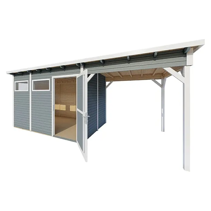 Bertilo Gerätehaus Pentus 3 Lounge - Außenmaß inkl. Dachüberstand (B x T): 581 x 265 cm, Holz, Hellgrau - Das graue Gartenhaus mit Carport bietet vielseitigen Stauraum und Schutz für Ihr Auto. Praktisch und stilvoll für jeden Garten.