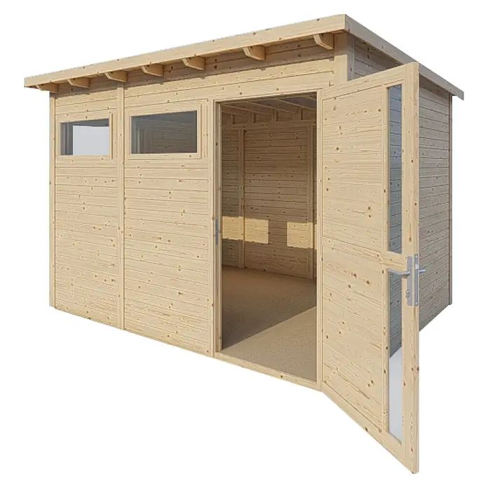 Bertilo Gerätehaus Pentus 3 - Außenmaß inkl. Dachüberstand (B x T): 359 x 265 cm, Holz, Natur - Ein geräumiges, helles Holzgartenhaus mit Doppeltür und Fenstern, ideal für Gartenbedarf oder als Hobbyraum.