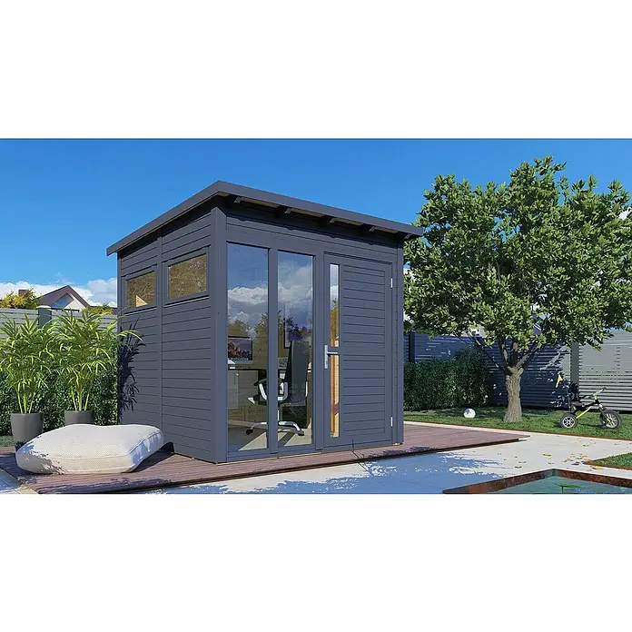 Bertilo Gerätehaus Pentus 2 Lux - Außenmaß inkl. Dachüberstand (B x T): 247 x 265 cm, Holz, Anthrazitgrau - Ein modernes Gartenbüro mit grauen Holzverkleidungen, großen Fenstern und minimalistischem Design für komfortables Arbeiten im Freien.