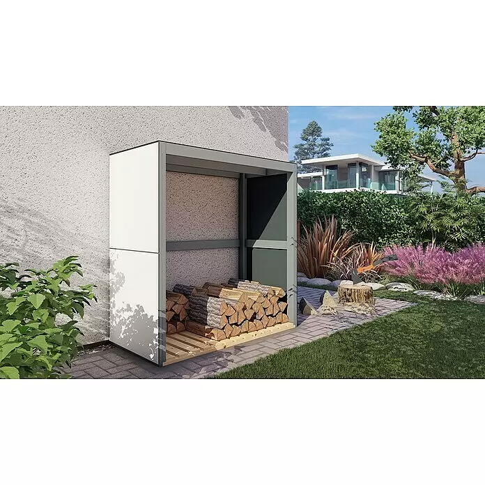 Bertilo Kaminholzregal HPL Fire 2 - 151 x 76 x 154 cm, Holz, Anthrazit/Weiß - Modernes Metall-Brennholzlager, grau-weiß, ordentlich mit Holzscheiten im Garten.