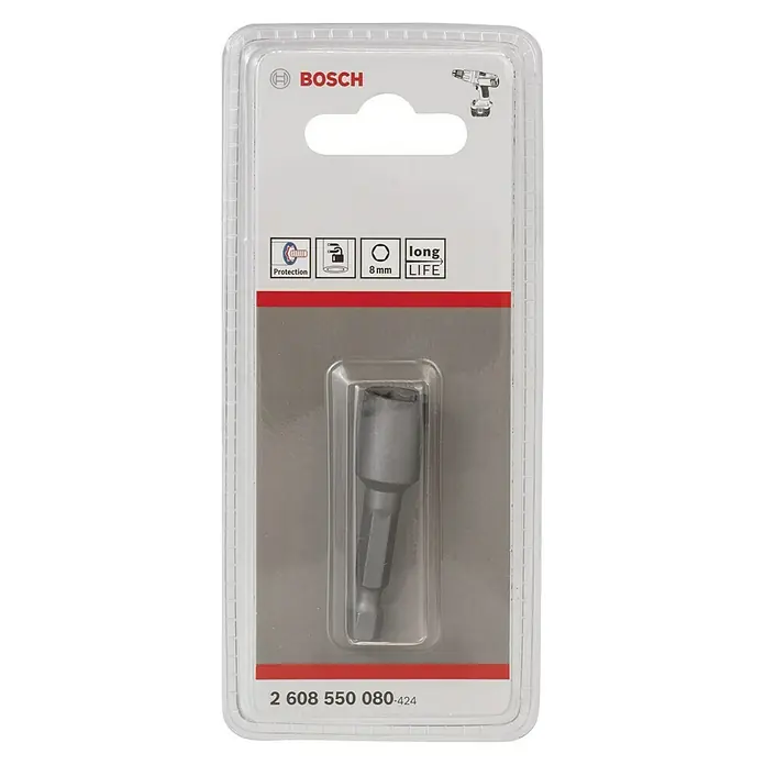 Bosch Steckschlüsseleinsatz - Schlüsselweite: 8 mm, Geeignet für: Akkuschrauber - Bosch Nuss-Schraubendreher-Einsatz in Verpackung, 8 mm Größe, ideal für Schraubarbeiten mit Bohrmaschinen, langlebig.