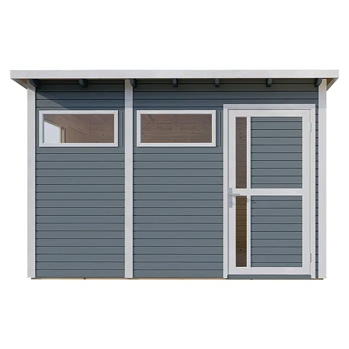 Bertilo Gerätehaus Pentus 3 - Außenmaß inkl. Dachüberstand (B x T): 359 x 265 cm, Holz, Hellgrau - Ansicht eines modernen Gartenhauses mit grauer Holzverkleidung, weißen Fensterrahmen und einer Tür mit Glaseinsatz.
