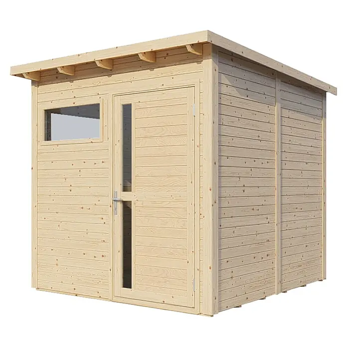 Bertilo Gerätehaus Pentus 2 - Außenmaß inkl. Dachüberstand (B x T): 247 x 265 cm, Holz, Natur - Ansicht eines Holzgartenhauses mit Fenster und Tür. Das Gartenhaus ist aus hellem Holz gefertigt und hat ein schlichtes Design.