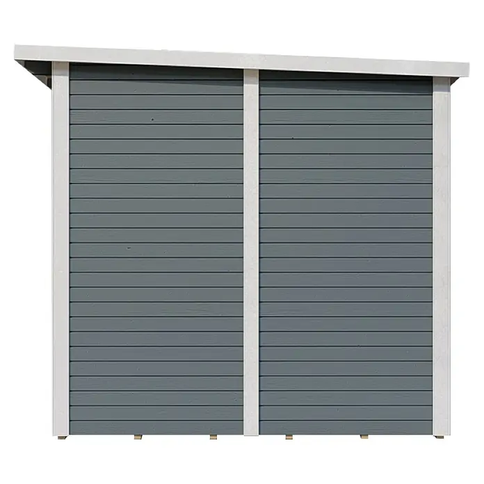 Bertilo Gerätehaus Pentus 3 - Außenmaß inkl. Dachüberstand (B x T): 359 x 265 cm, Holz, Hellgrau - Ansicht eines grauen Holzschuppens mit weißer Umrandung und geneigtem Dach. Ideal für die Gartenaufbewahrung und Werkzeuge.