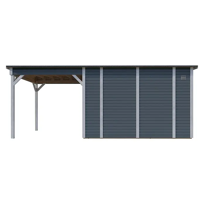 Bertilo Gerätehaus Pentus 3 Lounge - Außenmaß inkl. Dachüberstand (B x T): 581 x 265 cm, Holz, Hellgrau - Ansicht eines Gerätehauses mit Carport. Das Gerätehaus in Anthrazit bietet Stauraum und der Carport einen Unterstand für Fahrzeuge.