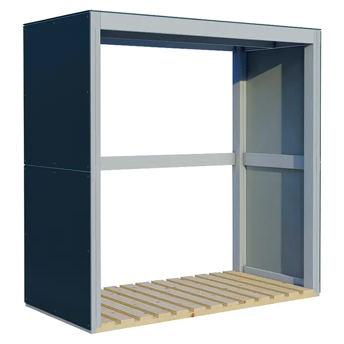 Bertilo Kaminholzregal HPL Fire 2 - 151 x 76 x 154 cm, Holz, Anthrazit/Hellgrau - Abbildung eines modernen Holzschuppens mit blauem Seitenteil und Lattenrost.