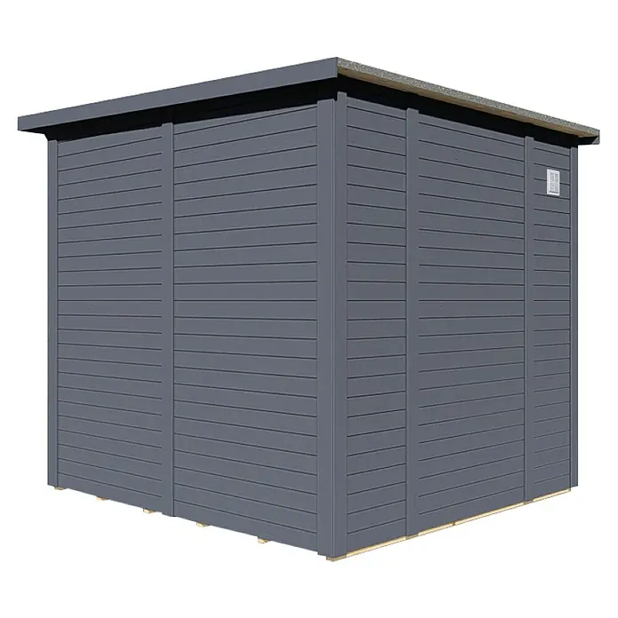 Bertilo Gerätehaus Pentus 2 Lux - Außenmaß inkl. Dachüberstand (B x T): 247 x 265 cm, Holz, Anthrazitgrau - Nahaufnahme eines grauen Holzschuppens mit horizontaler Verkleidung und einem schlichten Dachdesign, der auf einem Holzsockel steht.