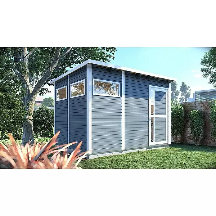 Bertilo Gerätehaus Pentus 3 - Außenmaß inkl. Dachüberstand (B x T): 359 x 265 cm, Holz, Hellgrau - Modernes graues Holzgartenhaus mit weißer Verkleidung, Fenstern und Glastür, in einem grünen Garten.