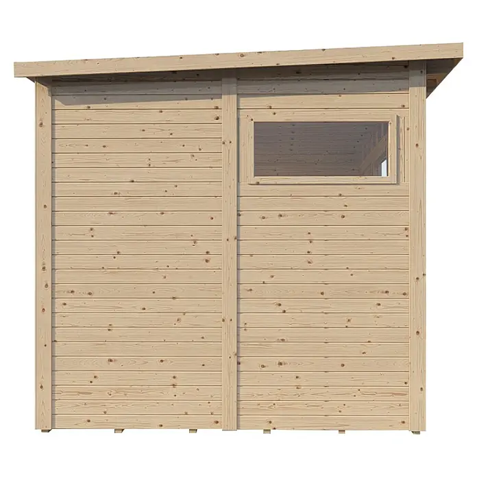 Bertilo Gerätehaus Pentus 3 - Außenmaß inkl. Dachüberstand (B x T): 359 x 265 cm, Holz, Natur - Abbildung eines Holzschuppens mit Fenster und Pultdach. Das unbehandelte Holz verleiht dem Schuppen ein natürliches Aussehen.