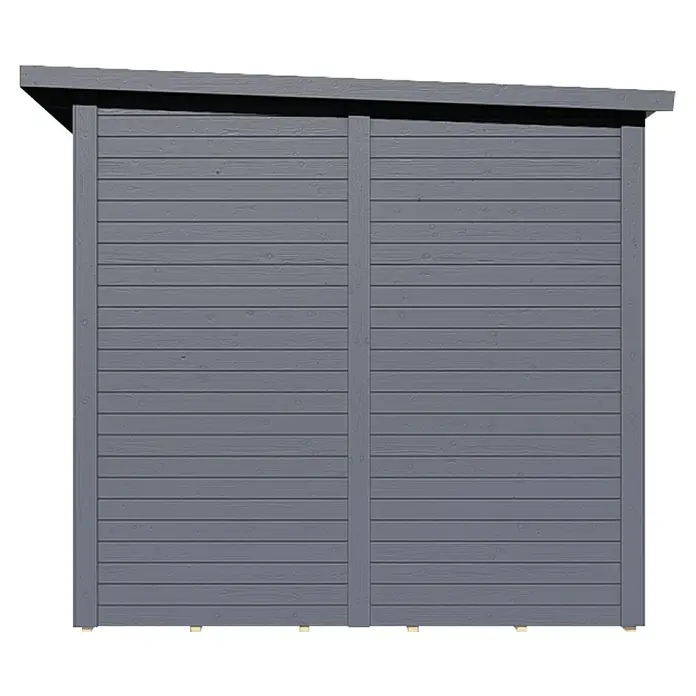 Bertilo Gerätehaus Pentus 2 Lux - Außenmaß inkl. Dachüberstand (B x T): 247 x 265 cm, Holz, Anthrazitgrau - Außenansicht eines modernen, grauen Holzschuppens mit schrägem Dach für Gartenutensilien und Werkzeuge.