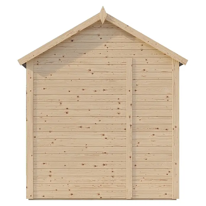 Bertilo Gerätehaus Sylt 1 - Außenmaß inkl. Dachüberstand (B x T): 202 x 131 cm, Holz, Natur - Bild eines hellen Holzgartenhauses mit spitzem Dach, das die natürliche Holzmaserung und die robuste Bauweise hervorhebt.