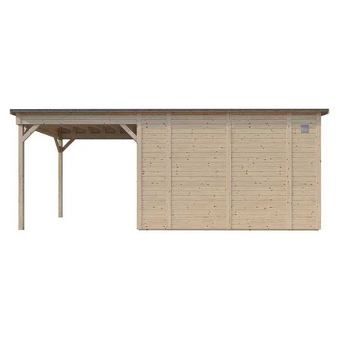 Bertilo Gerätehaus Pentus 3 Lounge - Außenmaß inkl. Dachüberstand (B x T): 581 x 265 cm, Holz, Natur - Dieses Bild zeigt ein Gerätehaus aus Holz mit einem offenen Anbau. Das Holz ist hell und weist eine natürliche Maserung auf.