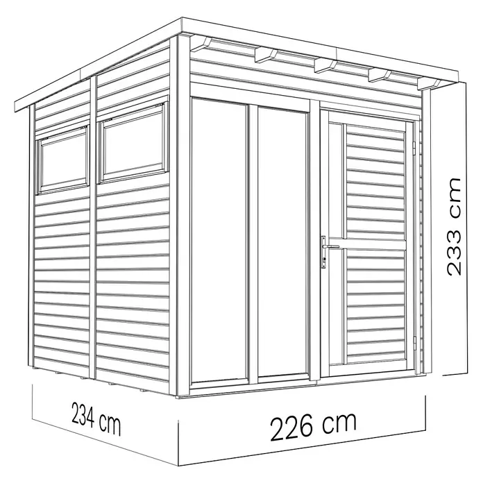 Bertilo Gerätehaus Pentus 2 Lux - Außenmaß inkl. Dachüberstand (B x T): 247 x 265 cm, Holz, Anthrazitgrau - Darstellung eines Gartenhauses mit den Maßen 234 cm x 226 cm und einer Höhe von 233 cm.
