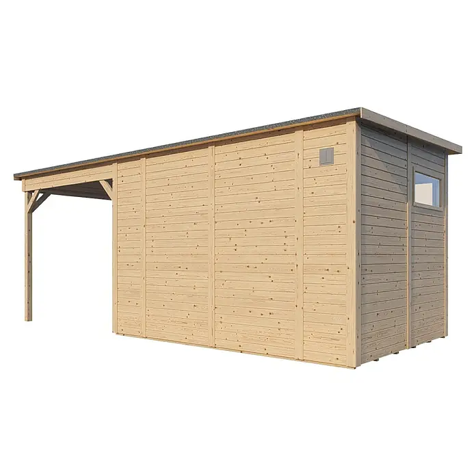 Bertilo Gerätehaus Pentus 3 Lounge - Außenmaß inkl. Dachüberstand (B x T): 581 x 265 cm, Holz, Natur - Ansicht eines hellen Holzgartenhauses mit einem Carport-Anbau, ideal für Gartenliebhaber mit Stauraumbedarf.