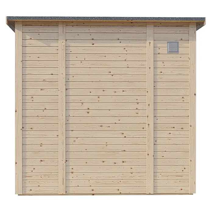 Bertilo Gerätehaus Pentus 2 - Außenmaß inkl. Dachüberstand (B x T): 247 x 265 cm, Holz, Natur - Außenansicht eines Holzgartenhauses mit hellen, horizontalen Brettern und einem kleinen, quadratischen Lüftungsgitter.