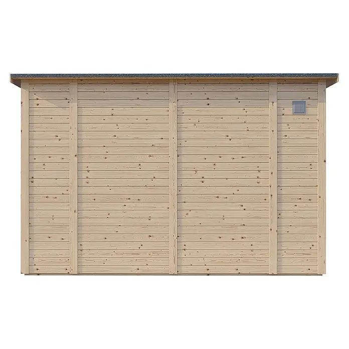 Bertilo Gerätehaus Pentus 3 - Außenmaß inkl. Dachüberstand (B x T): 359 x 265 cm, Holz, Natur - Außenansicht einer hellen Holzhütte mit horizontaler Holzverkleidung und senkrechten Verstrebungen, die die Struktur des Holzhauses hervorheben.