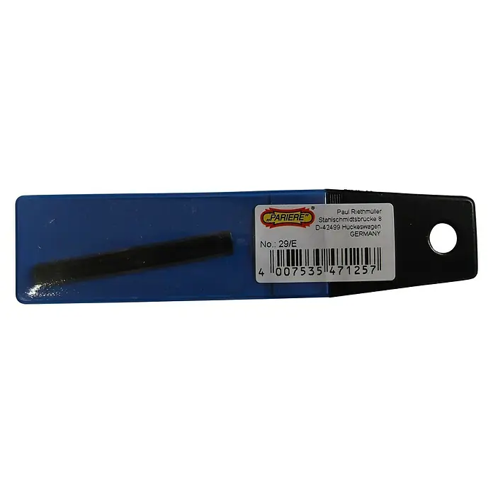 Ersatzklinge - 1 Stk., Geeignet für: Lackschaber - Nahaufnahme einer blauen Pariere-Produktverpackung mit einer schwarzen Stange, die eine detaillierte Ansicht der Produktmerkmale bietet.