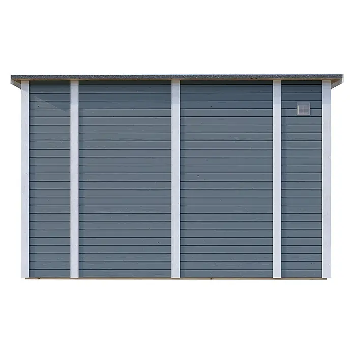 Bertilo Gerätehaus Pentus 3 - Außenmaß inkl. Dachüberstand (B x T): 359 x 265 cm, Holz, Hellgrau - Ansicht einer blaugrauen Holzwand mit weißen Akzenten, die ein Produkt wie ein Gartenhaus oder eine Holzhütte darstellen könnte.
