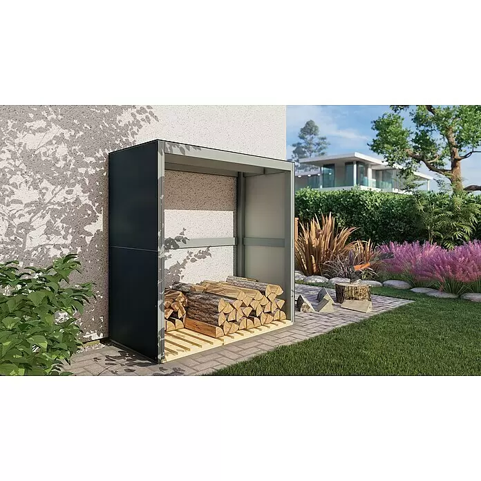 Bertilo Kaminholzregal HPL Fire 2 - 151 x 76 x 154 cm, Holz, Anthrazit/Weiß - Dunkelgrauer Metall-Brennholzschuppen mit hellem Rahmen, gefüllt mit Holzscheiten, an Hauswand im Garten.