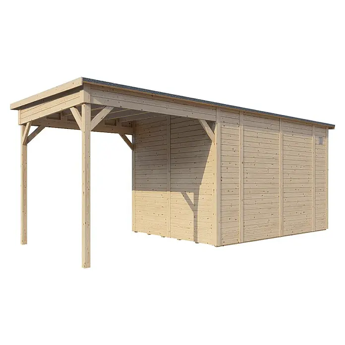 Bertilo Gerätehaus Pentus 3 Lounge - Außenmaß inkl. Dachüberstand (B x T): 581 x 265 cm, Holz, Natur - Holzcarport mit seitlicher Holzwand für zusätzlichen Schutz vor Witterungseinflüssen.
