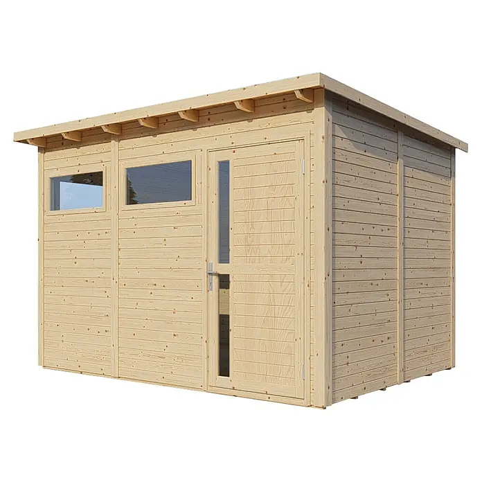 Bertilo Gerätehaus Pentus 3 - Außenmaß inkl. Dachüberstand (B x T): 359 x 265 cm, Holz, Natur - Abbildung eines Holzschuppens mit Fenstern und einer Tür. Der Schuppen hat ein schlichtes Design und ist aus unbehandeltem Holz gefertigt.