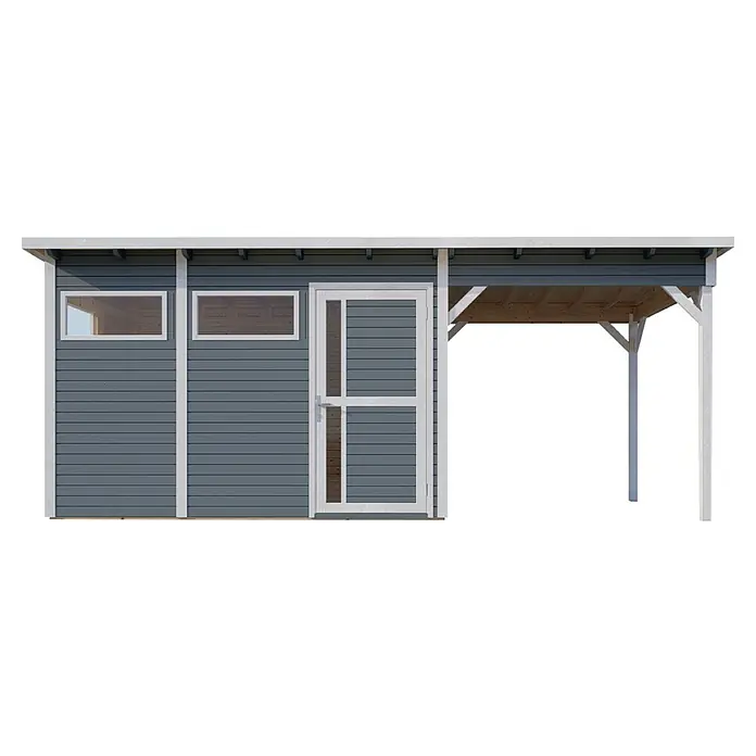 Bertilo Gerätehaus Pentus 3 Lounge - Außenmaß inkl. Dachüberstand (B x T): 581 x 265 cm, Holz, Hellgrau - Holzgartenhaus mit Vordach und blaugrauen Holzpaneelen mit zwei Fenstern und einer Tür mit weißen Rahmen.