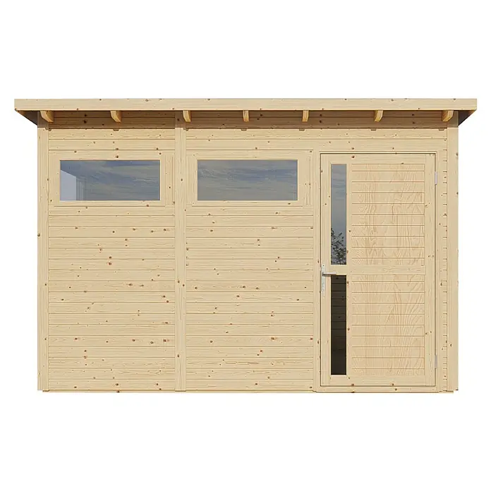 Bertilo Gerätehaus Pentus 3 - Außenmaß inkl. Dachüberstand (B x T): 359 x 265 cm, Holz, Natur - Detailansicht eines hellen Holzgartenhauses mit Fenstern und Tür.