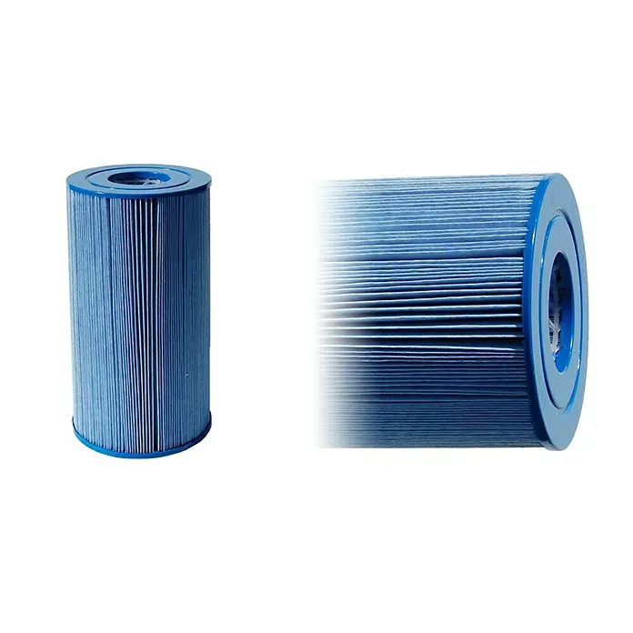 Whirlpool-Filter - Ø x H: 12,7 x 23,5 cm - Zwei Ansichten eines blauen Poolfilters. Der Poolfilter sorgt für sauberes Wasser und ist ein wesentlicher Bestandteil der Poolpflege.