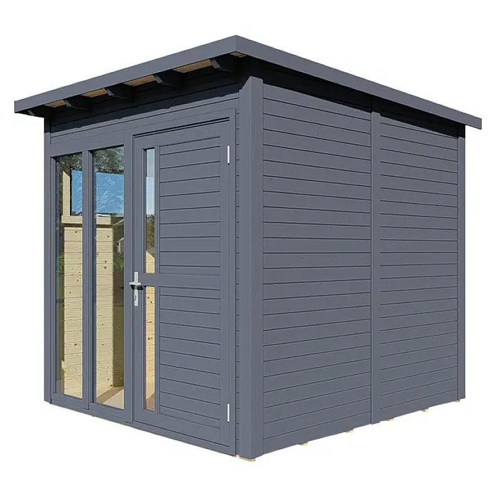 Bertilo Gerätehaus Pentus 2 Lux - Außenmaß inkl. Dachüberstand (B x T): 247 x 265 cm, Holz, Anthrazitgrau - Ein graues Gartenhaus mit Fenster und Tür, ideal für zusätzlichen Stauraum im Garten oder als gemütlicher Rückzugsort.