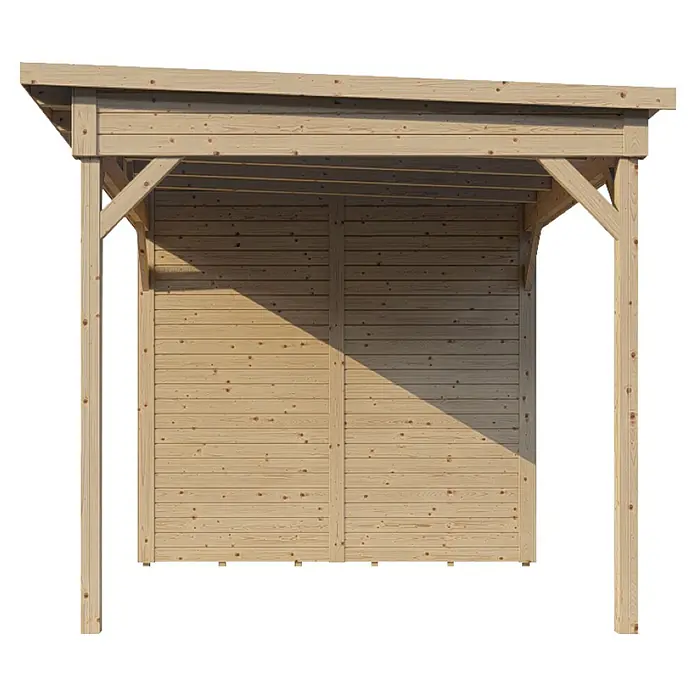 Bertilo Gerätehaus Pentus 3 Lounge - Außenmaß inkl. Dachüberstand (B x T): 581 x 265 cm, Holz, Natur - Das Bild zeigt einen Carport aus hellem Holz mit einem schrägen Dach. Der Unterstand hat eine Rückwand aus horizontalen Brettern.