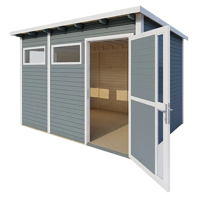 Bertilo Gerätehaus Pentus 3 - Außenmaß inkl. Dachüberstand (B x T): 359 x 265 cm, Holz, Hellgrau - Geräumiges Gartenhaus mit Doppeltür und Fenstern, ideal zur Aufbewahrung von Gartengeräten oder als gemütlicher Rückzugsort im Freien.