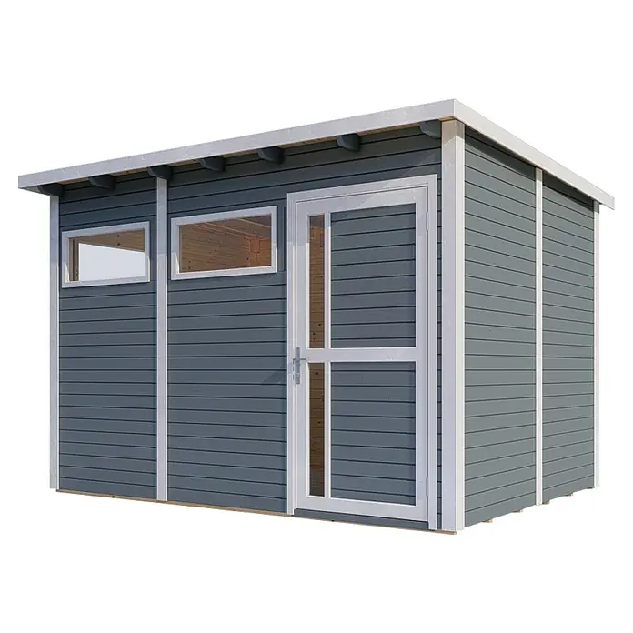 Bertilo Gerätehaus Pentus 3 - Außenmaß inkl. Dachüberstand (B x T): 359 x 265 cm, Holz, Hellgrau - Eine blaue Holzhütte mit weißen Akzenten und Fenstern. Das Gartenhaus bietet Stauraum und ist ein Blickfang im Garten.