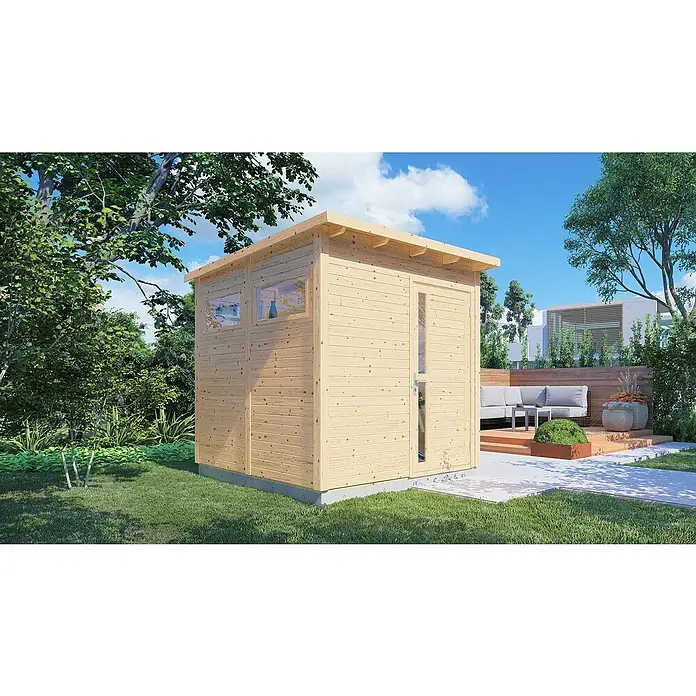 Bertilo Gerätehaus Pentus 2 - Außenmaß inkl. Dachüberstand (B x T): 247 x 265 cm, Holz, Natur - Modernes Gartenhaus mit Holzverkleidung, Fenstern und Tür. Ideal als stilvoller Stauraum oder Rückzugsort im Garten.