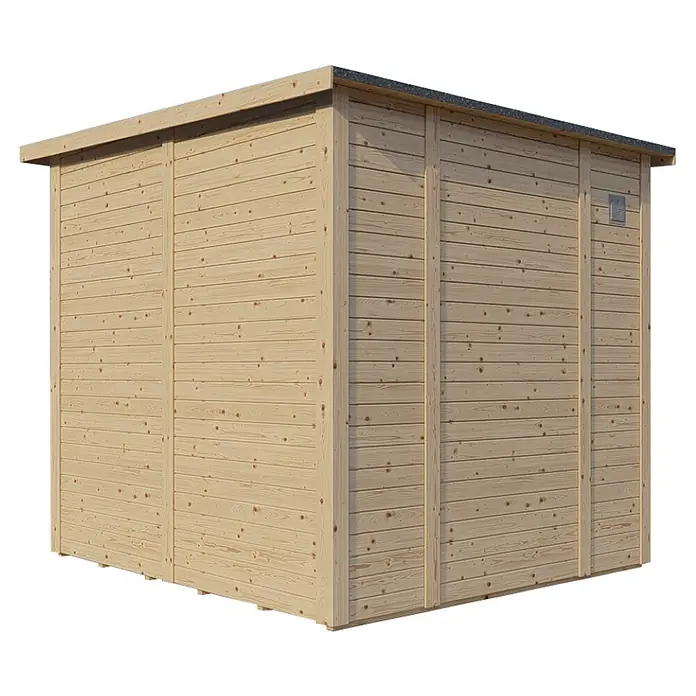 Bertilo Gerätehaus Pentus 2 - Außenmaß inkl. Dachüberstand (B x T): 247 x 265 cm, Holz, Natur - Eine detailreiche Ansicht eines Holzschuppens, der die Konstruktion und das natürliche Material hervorhebt.