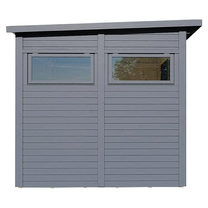 Bertilo Gerätehaus Pentus 2 Lux - Außenmaß inkl. Dachüberstand (B x T): 247 x 265 cm, Holz, Anthrazitgrau - Diese Aufnahme zeigt die Fassade eines Gartenhauses in Grautönen mit zwei horizontalen Fenstern und horizontaler Holzverkleidung.