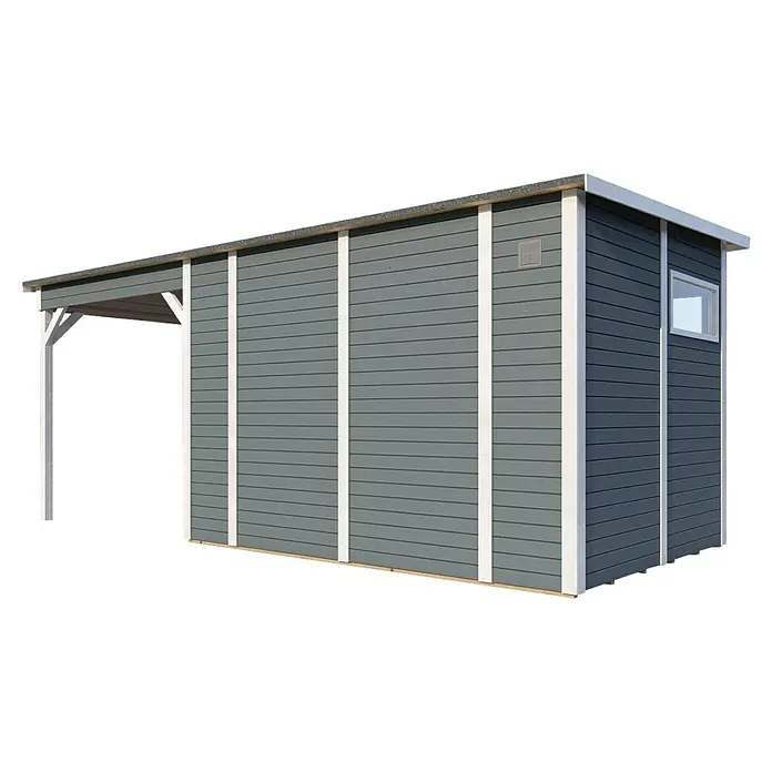 Bertilo Gerätehaus Pentus 3 Lounge - Außenmaß inkl. Dachüberstand (B x T): 581 x 265 cm, Holz, Hellgrau - Dieses Bild zeigt ein modernes Gerätehaus mit Carport. Das Gerätehaus ist grau mit weißen Akzenten und hat ein kleines Fenster.
