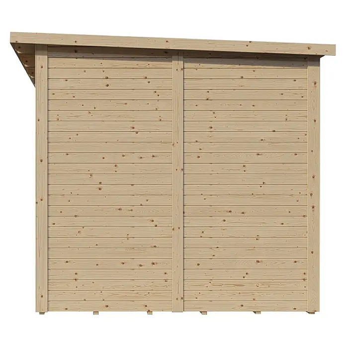 Bertilo Gerätehaus Pentus 2 - Außenmaß inkl. Dachüberstand (B x T): 247 x 265 cm, Holz, Natur - Detailansicht eines Holzschuppens mit horizontaler Bretterverkleidung und schrägem Dach, ideal für Gartenwerkzeuge.