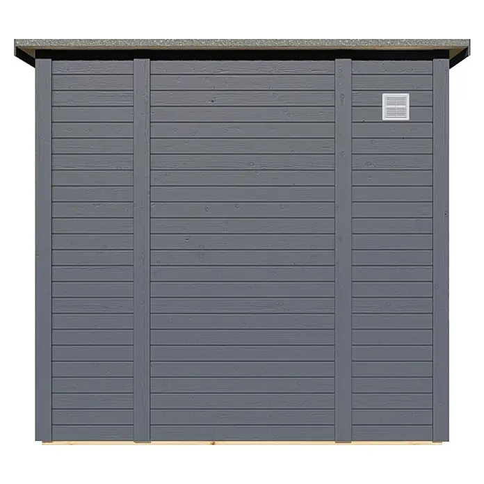 Bertilo Gerätehaus Pentus 2 Lux - Außenmaß inkl. Dachüberstand (B x T): 247 x 265 cm, Holz, Anthrazitgrau - Außenansicht eines Gartenhauses mit grau gestrichener Holzwand, die eine natürliche und moderne Optik bietet.