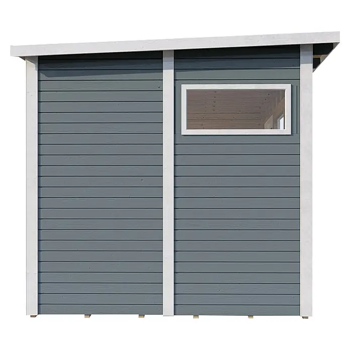 Bertilo Gerätehaus Pentus 3 - Außenmaß inkl. Dachüberstand (B x T): 359 x 265 cm, Holz, Hellgrau - Außenansicht eines Gartenhauses mit grauem Holz und weißem Rahmen sowie einem rechteckigen Fenster.