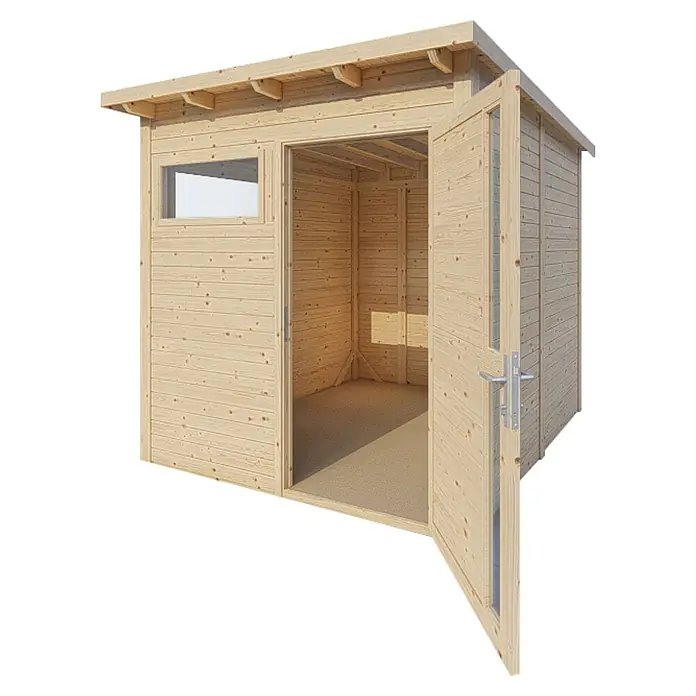 Bertilo Gerätehaus Pentus 2 - Außenmaß inkl. Dachüberstand (B x T): 247 x 265 cm, Holz, Natur - Holzhütte mit offenstehenden Türen und Fenster, ideal für den Garten als Stauraum oder Werkstatt.