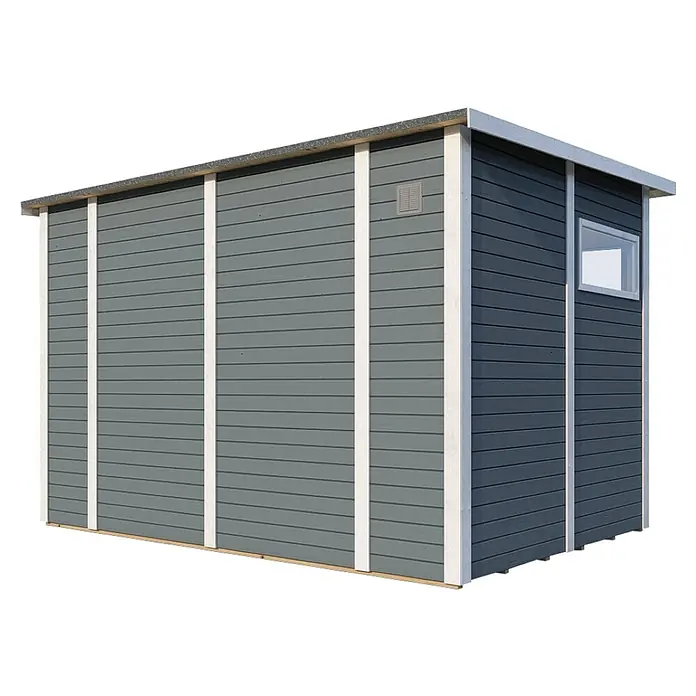 Bertilo Gerätehaus Pentus 3 - Außenmaß inkl. Dachüberstand (B x T): 359 x 265 cm, Holz, Hellgrau - Ansicht eines modernen grauen Holzschuppens mit weißen Akzenten und einem kleinen Fenster, ideal für die Gartenaufbewahrung.