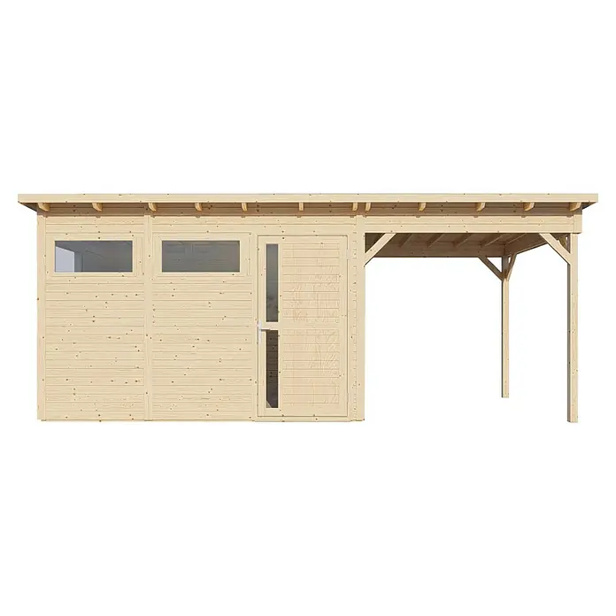 Bertilo Gerätehaus Pentus 3 Lounge - Außenmaß inkl. Dachüberstand (B x T): 581 x 265 cm, Holz, Natur - Ein helles Holzgartenhaus mit Carport-Anbau bietet einen gemütlichen Rückzugsort und praktischen Unterstand für Fahrzeuge oder Gartengeräte.