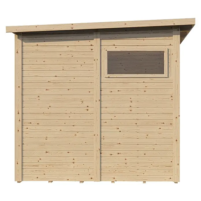 Bertilo Gerätehaus Pentus 2 - Außenmaß inkl. Dachüberstand (B x T): 247 x 265 cm, Holz, Natur - Ansicht eines hölzernen Gartenhauses mit Pultdach und kleinem Fenster. Die Holzfassade besteht aus horizontalen Brettern.