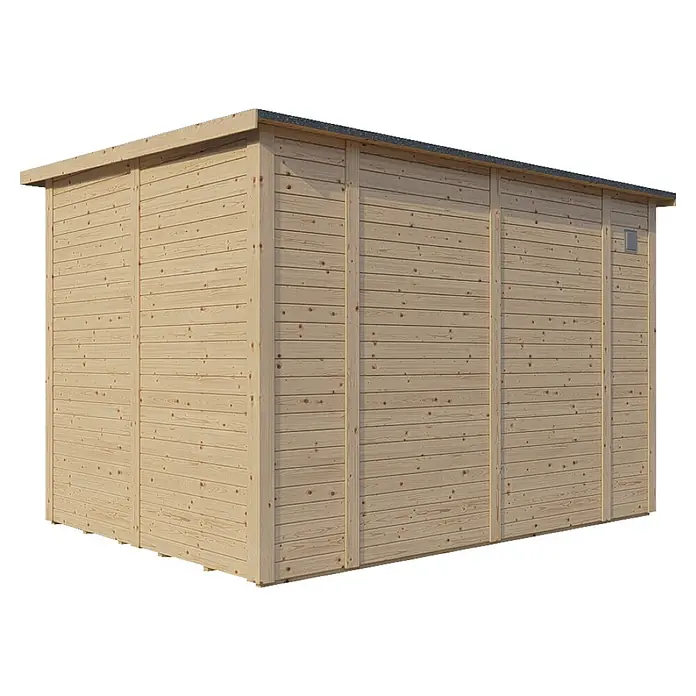 Bertilo Gerätehaus Pentus 3 - Außenmaß inkl. Dachüberstand (B x T): 359 x 265 cm, Holz, Natur - Holzschuppen mit horizontaler Holzverkleidung und einem flachen Dach, ideal für die Gartenaufbewahrung.