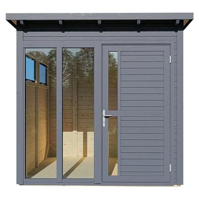 Bertilo Gerätehaus Pentus 2 Lux - Außenmaß inkl. Dachüberstand (B x T): 247 x 265 cm, Holz, Anthrazitgrau - Ein graues Gartenhaus mit einer Tür und Fenstern, die einen Blick ins Innere ermöglichen, wo Holzwände sichtbar sind.