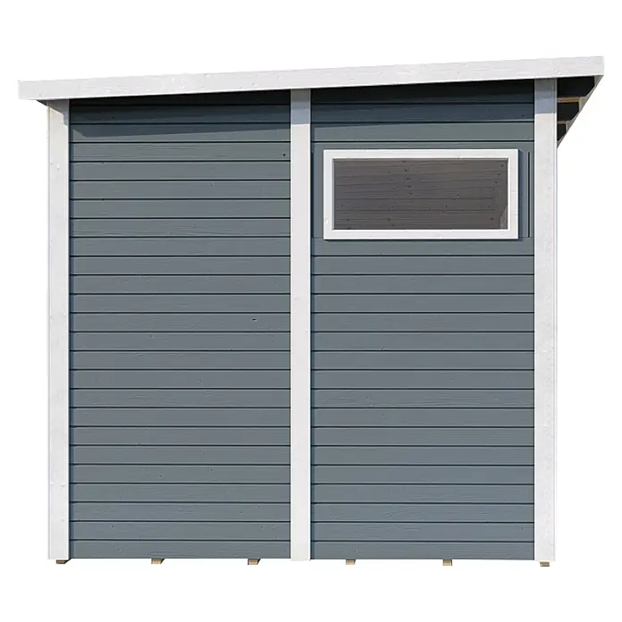 Bertilo Gerätehaus Pentus 3 Lounge - Außenmaß inkl. Dachüberstand (B x T): 581 x 265 cm, Holz, Hellgrau - Eine Nahaufnahme eines grauen Holzschuppens mit weißer Umrandung, der ein kleines Fenster hat. Er ist einfach, aber praktisch.